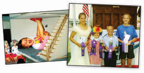 Katie Stam, the first Miss America from Indiana, grew up in rural Jackson County. Above left: almost 3 years old at the time, Katie plays inside a doll house her dad built for her Barbie and Ken dolls. Center: Katie, in the clown wig, and older siblings show off their trophies and ribbons from the “creative dramatics” performances at a mid-1990s Jackson County 4-H Fair. Katie won Grand Champion singing a solo, “When You’re Smiling.” Photos courtesy of Keith and Tracy Stam