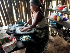 An elderly woman presses ground corn meal for tortillas in her one-room hut with dirt floors and walls of bamboo poles, typical for the village. Photo by Diane Willis