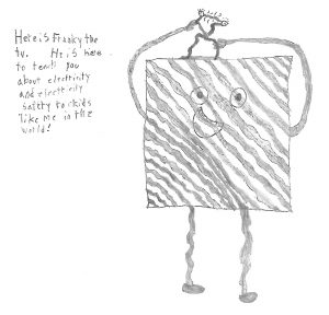 Guy Howard shared this drawing of his mascot Franky, the TV. Franky is a hand-drawn TV with a face that teaches kids about electrical safety.