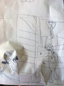 Owen Cummings drew a picture of two monkeys. The monkey on the left is getting shocked.