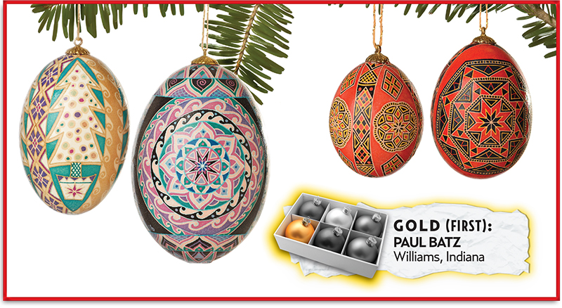 A set of “pysanky” eggs is the first place winner of our ornament contest. The intricate patterns and shapes are created through a multi-step process of layering wax and dyes, working from light to dark. The art form is a tradition of Ukraine. The artist, Paul Batz, picked right up where he left off 10 years ago. He won the contest in 2003 with similar eggs, and continued winning the contest’s “Hall of Fame” division until our last contest in 2005. Batz is a member of Utilities District of Western Indiana REMC.