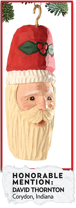 Santa’s features are carved skillfully by hand into bass wood by David Thornton. Thornton is another past winner who won a second place with a similar carved Santa ornament in 2005. He is a member of Harrison REMC.