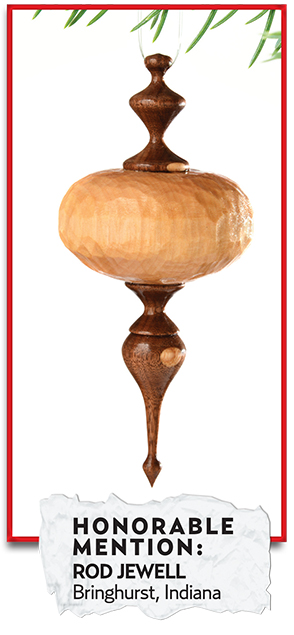 The beauty of wood comes through Rod Jewell’s bauble that is both elegant and rustic. The wood artist says the materials he uses are the unique aspects of his woodturnings. He says 95-99 percent of the wood he uses is recycled or reclaimed. The globe of this ornament is made from a baseball bat, and the finials are made from a worn or tossed out kitchen cutting board. His workshop studio is called “Knot to Pot.” Jewell is a member of Carroll White REMC.