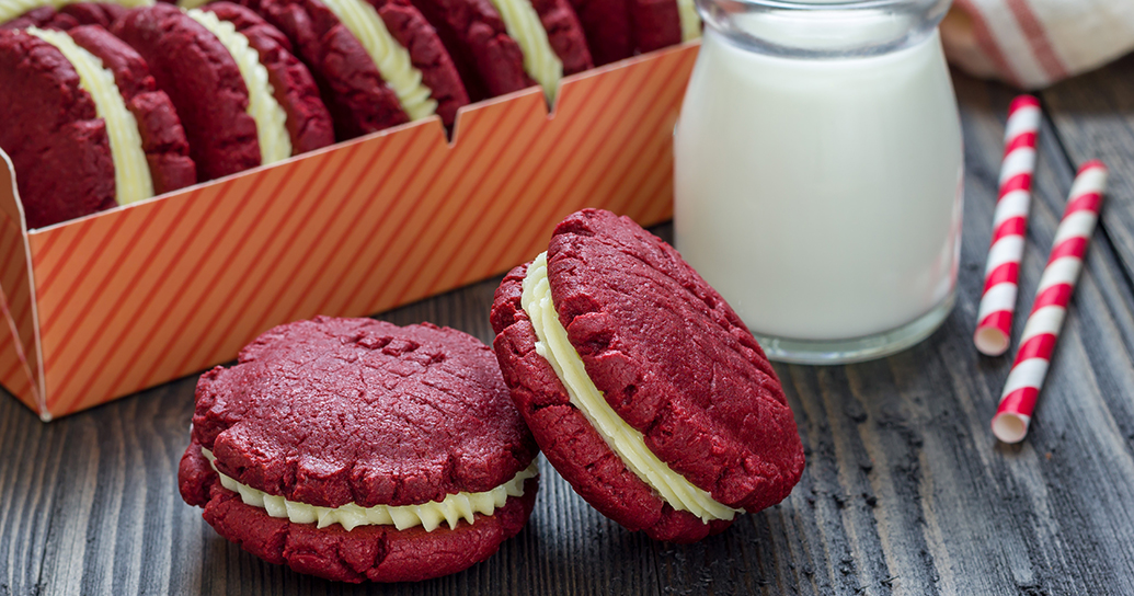 Red velvet sandwich cookies with cream cheese filling