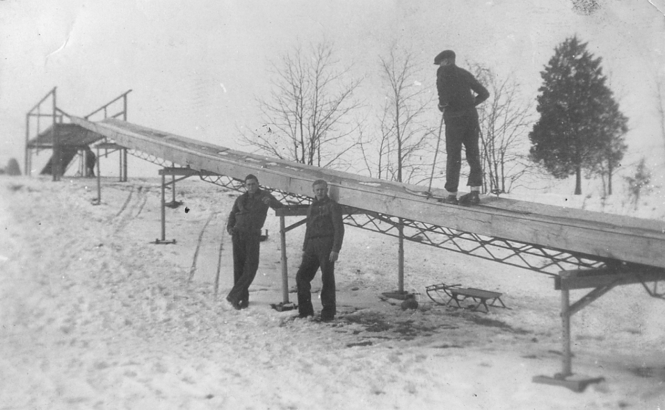 Men building toboggan run at Pokagon State Park in the late 1930s or early 1940s