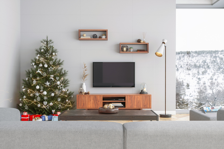 Photo of TV and other electronics near Christmas tree