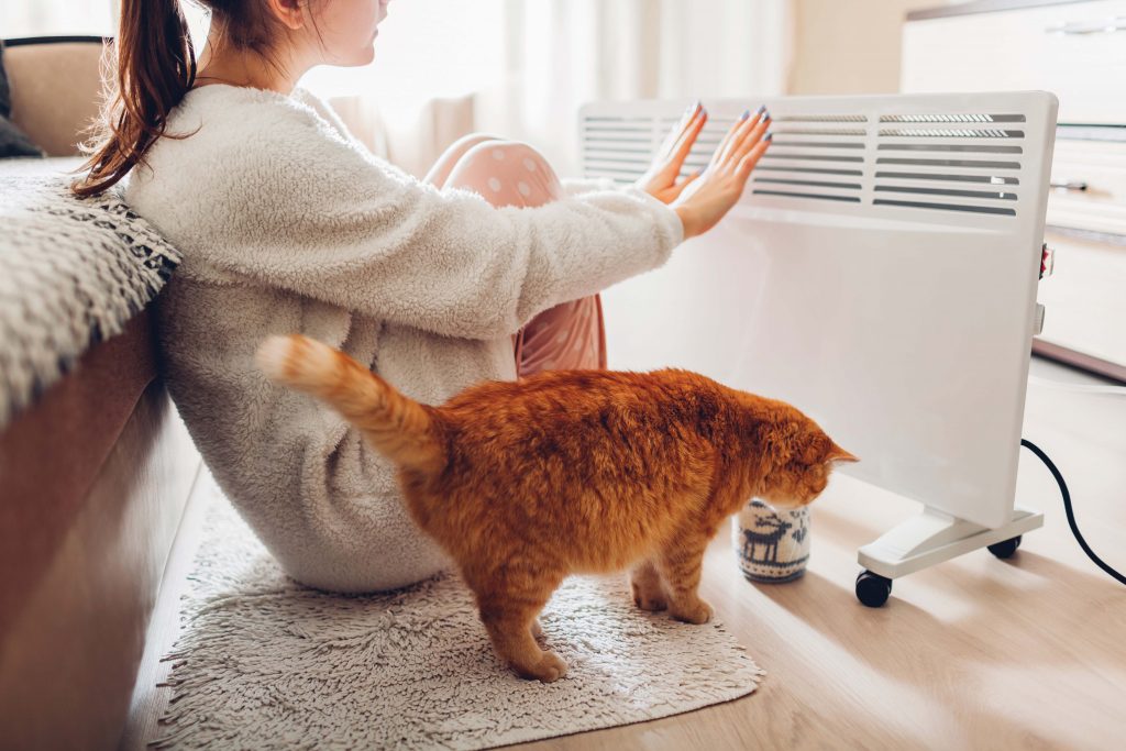 Woman and cat by space heater