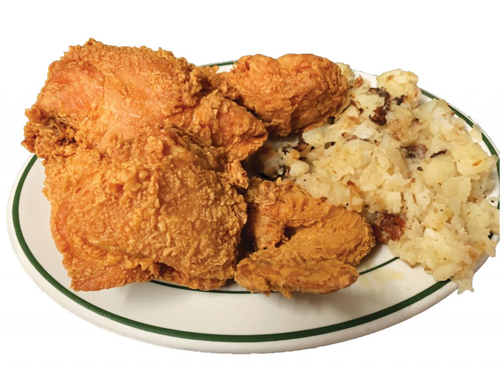 Picture of fried chicken and mashed potatoes.