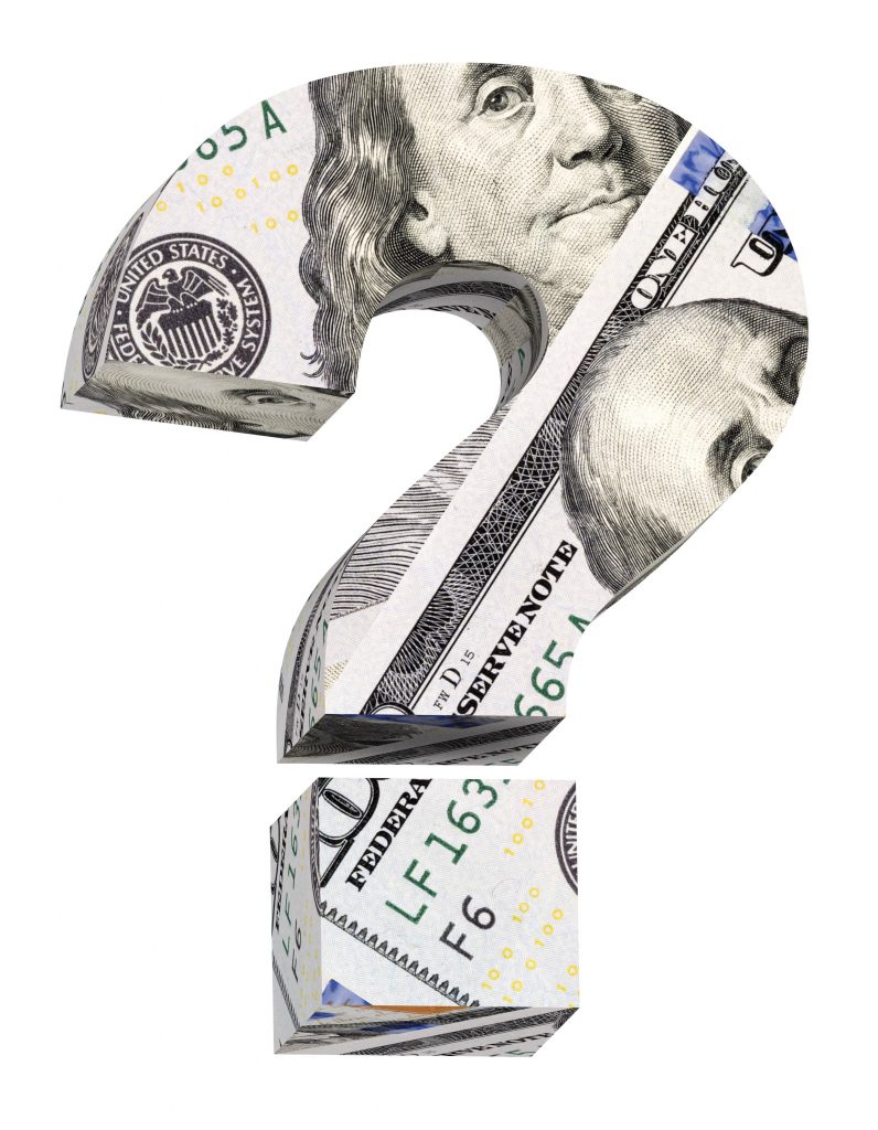 Graphic of question mark with dollar bills inside