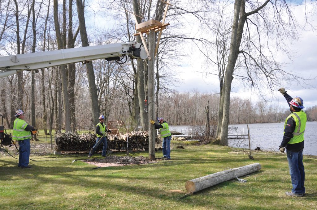 Linemen Gerald Young, Colton Feller, Delmar Bontrager and Nate Yoder work to straighten and set a pole in one Royer Lake resident’s yard, as part of an osprey perch project.