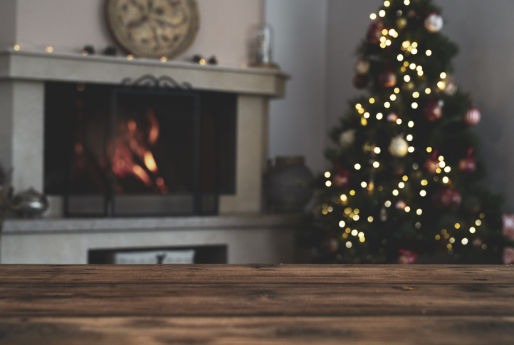 Fireplace by a Christmas tree