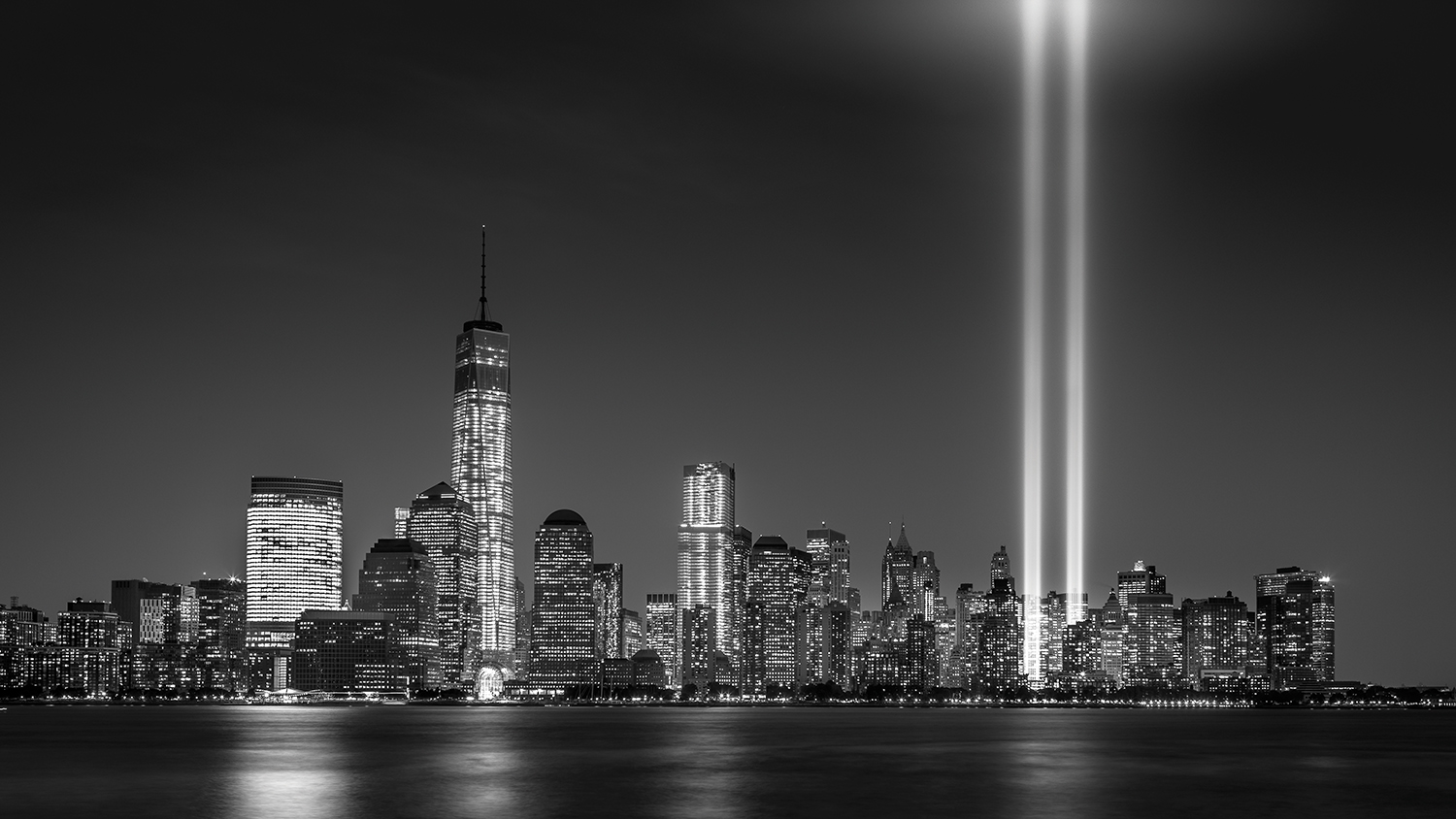 NYC skyline with Twin Towers lit up