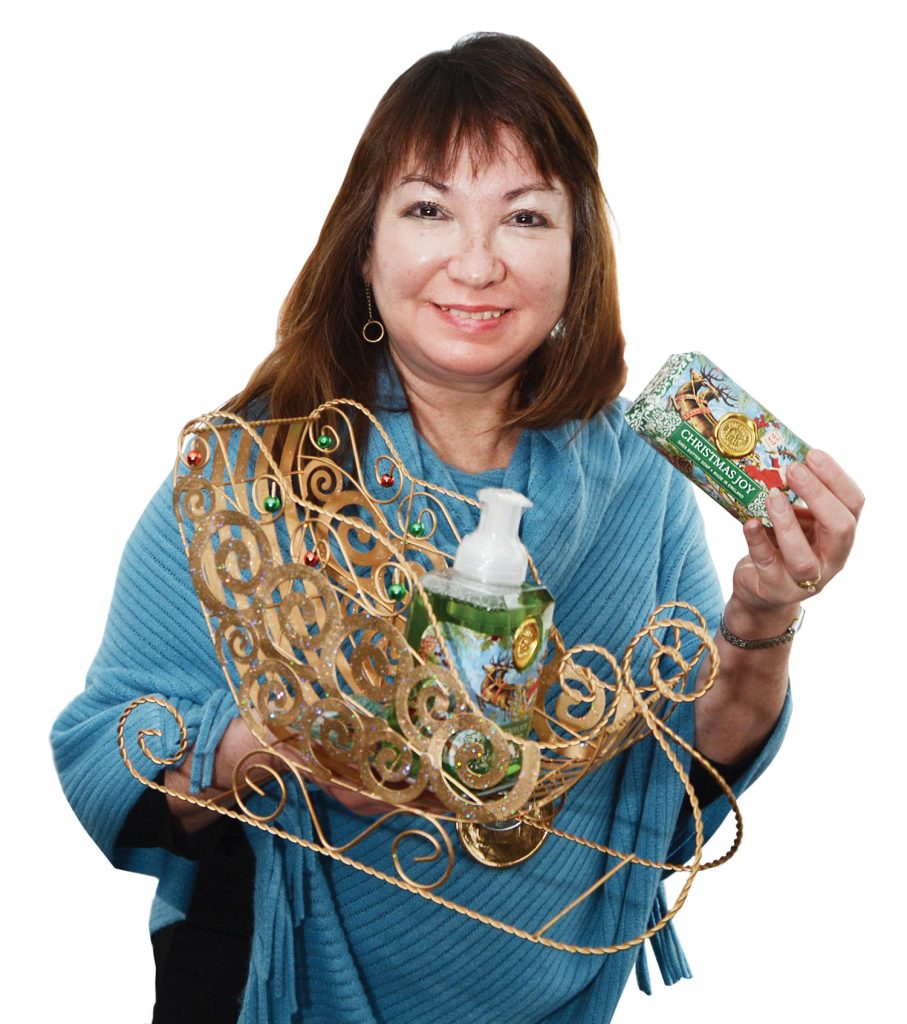 Emily with Christmas basket items