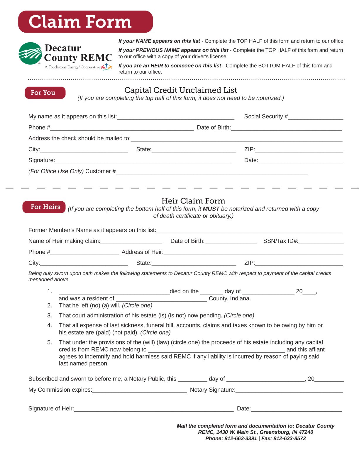 Unclaimed capital credit claim form - Indiana Connection