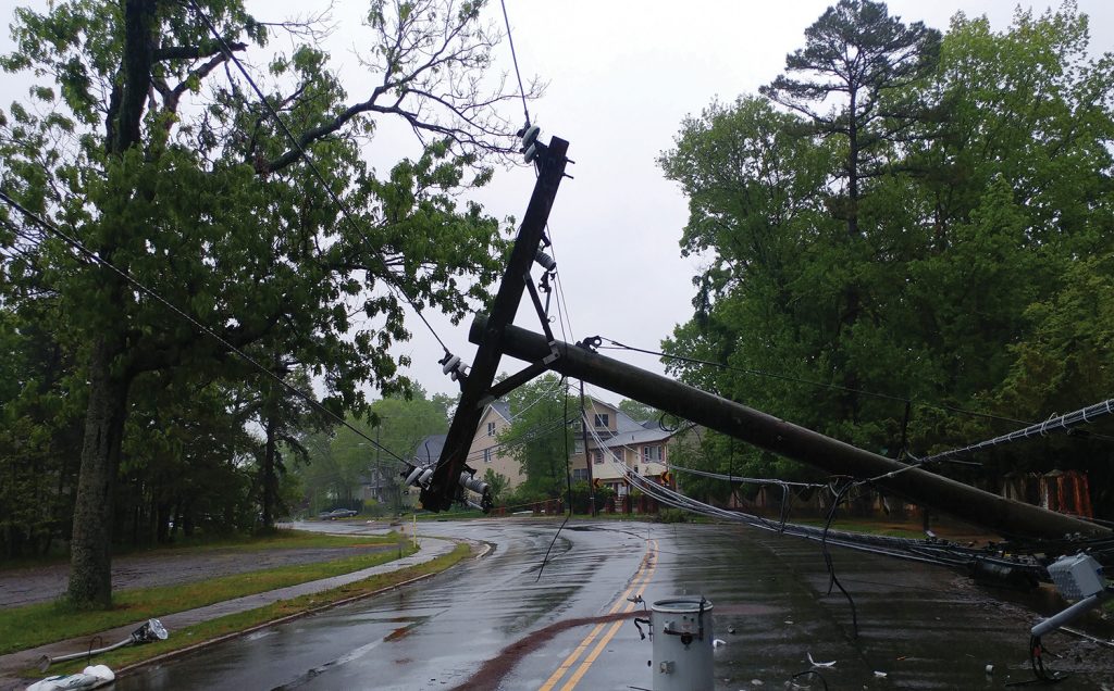 Downed power pole and line
