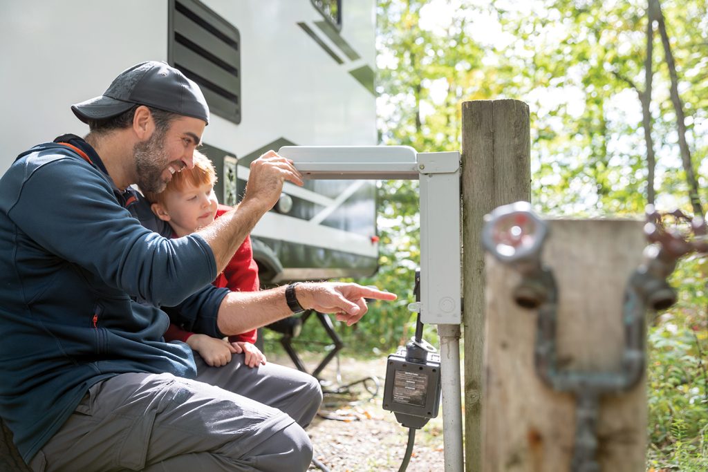 Man and son camping