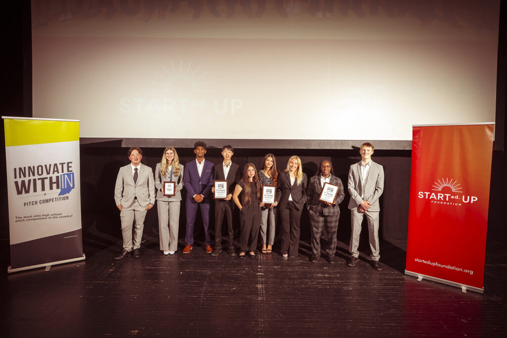 Compleyes.ai took home first place in the 2025 STARTedUP State Finals. The team is pictured with the second- and third-place teams and the People’s Choice Award winner.