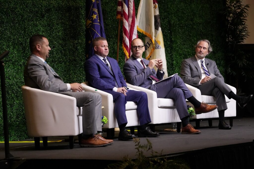 Members of the Hoosier Energy executive staff, from left, Chris Blunk, Rob Horton, Jon Jackson, and Scott Bowers participate in a panel discussion at the 2026 Annual Meeting.