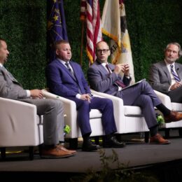 Members of the Hoosier Energy executive staff, from left, Chris Blunk, Rob Horton, Jon Jackson, and Scott Bowers participate in a panel discussion at the 2026 Annual Meeting.