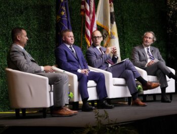 Members of the Hoosier Energy executive staff, from left, Chris Blunk, Rob Horton, Jon Jackson, and Scott Bowers participate in a panel discussion at the 2026 Annual Meeting.